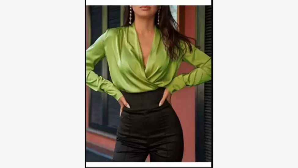 Women's v-neck elegant long sleeve satin green cross party formal occasions pullovers shirt